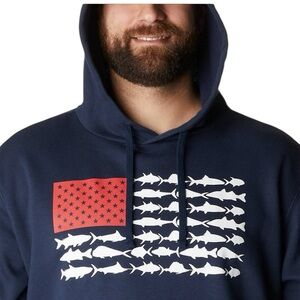 Columbia NWT PFG Fish Stripe Flag Hoodie Blue Size XLT Sleeve Logo Regular Fit